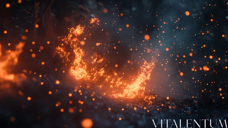 Dynamic fire and embers dispersing against dark background.