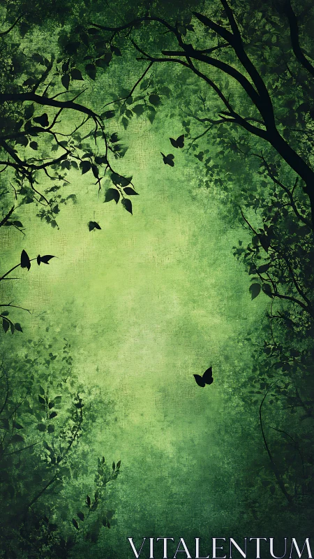 Forest Silhouettes with Butterflies in Luminous Green