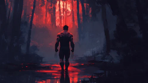 Silhouetted clawed warrior in red backlit forest wetlands