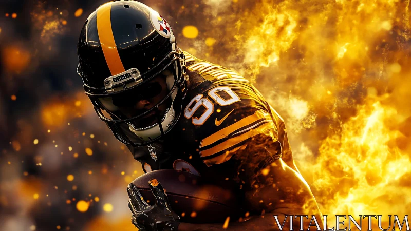 Football player in black and yellow uniform runs through flames