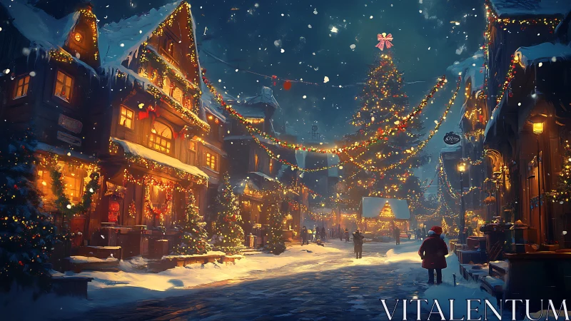 Snowy village street shows night Christmas market scene