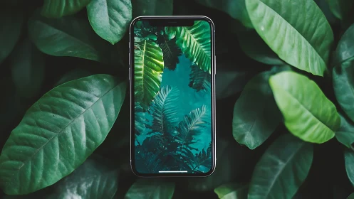 Optical smartphone portal aligning rainforest foliage planes.