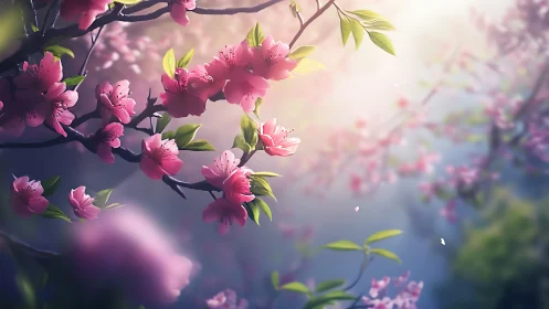 Magenta Floral Cascade: Soft-Focus Botanical Rendering with Spring Bloom.