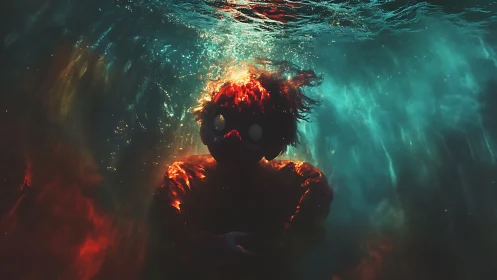 Underwater figure with glowing eyes in fiery light.