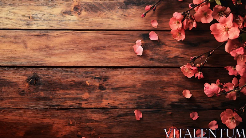 Coral Blossoms on Weathered Wood: Floral Still Life Composition.