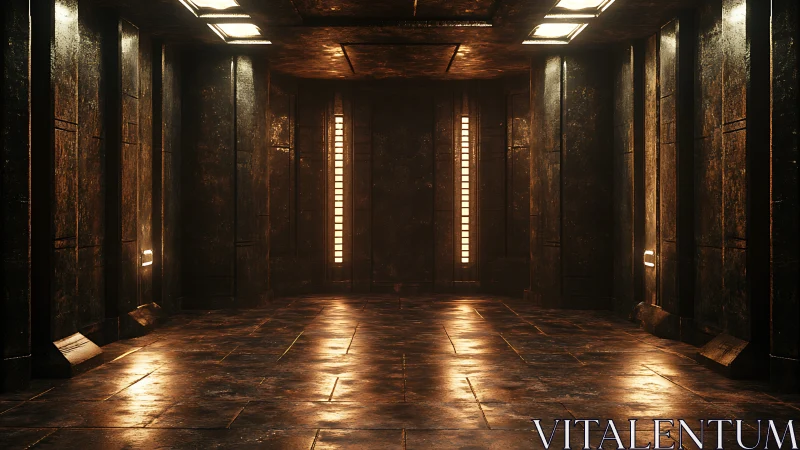 Industrial sci fi corridor with glowing amber strip lights.