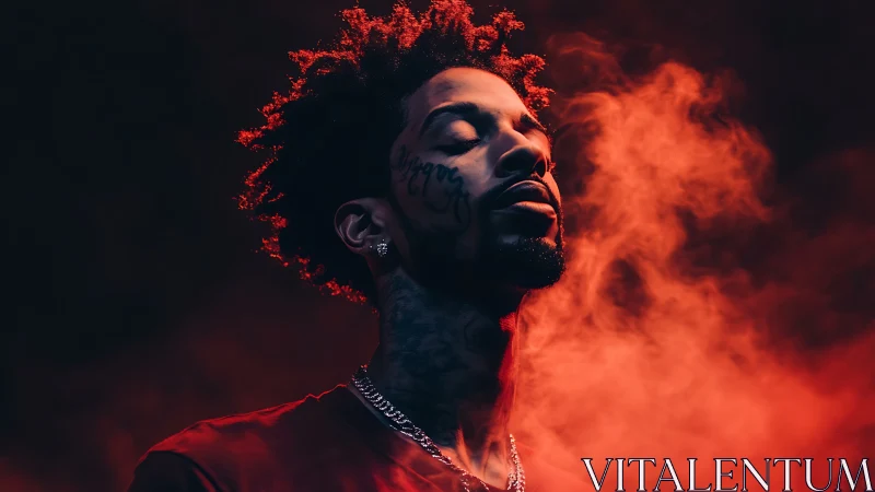 Tattooed man in red smoke with dramatic studio lighting.