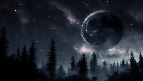 Moon drifts low over whispering pines in a star-swept hush