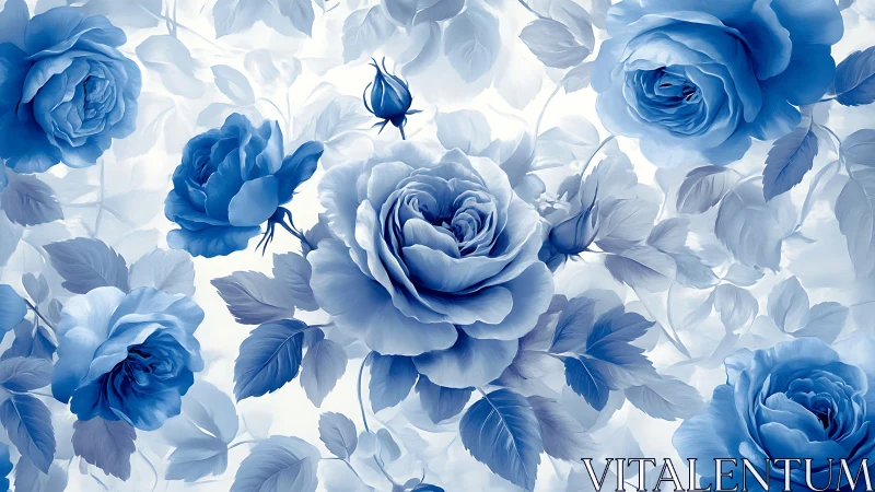 Blue and white roses with leaves in soft gradient composition