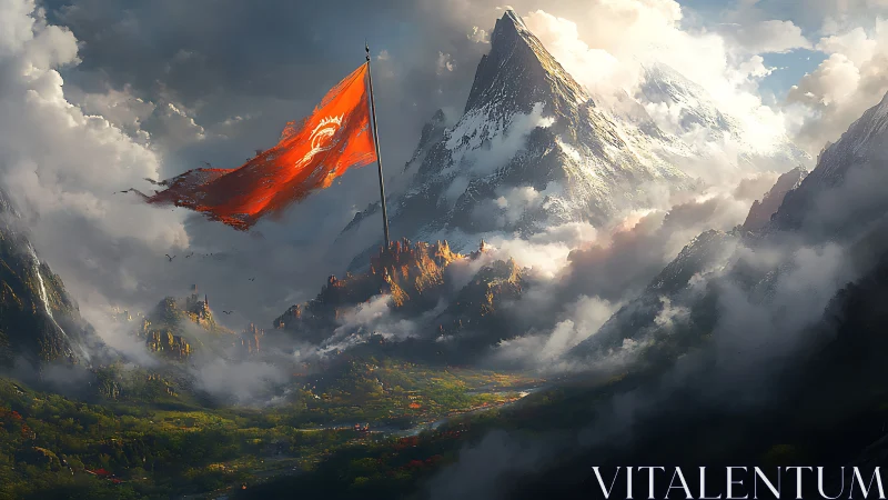 Red war banner over misty mountains and green valley.