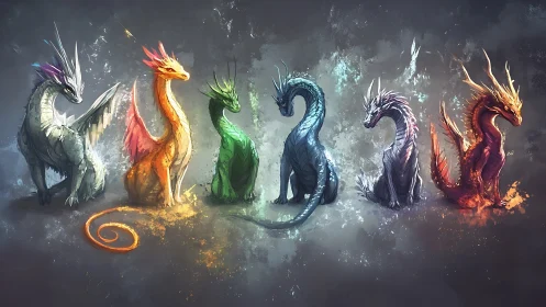 Elemental dragon lineup in six distinct glowing colors.