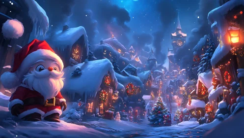 Nocturnal Christmas village tableau with stylized Santa avatar.
