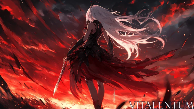 White-haired warrior stands over blazing red battlefield