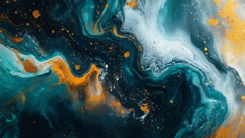 Abstract teal, white, and gold fluid swirl composition.