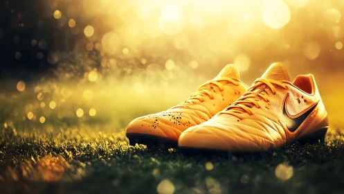 Golden soccer cleats resting in glowing evening sunlight.