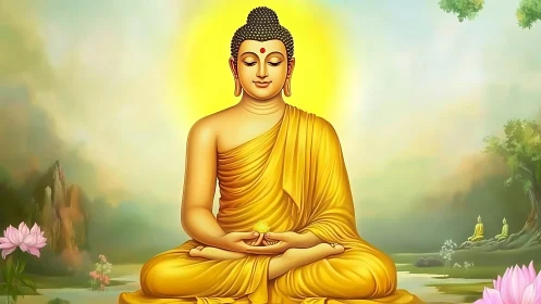 Radiant meditative Buddha with halo in luminous landscape field.