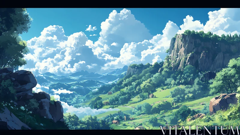 Sunlit valley landscape under towering summer clouds.