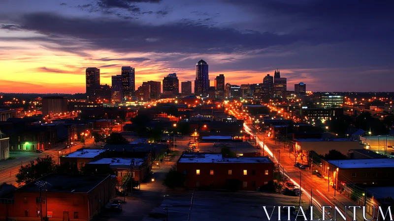 Vibrant city skyline glows beneath a dramatic sunset sky