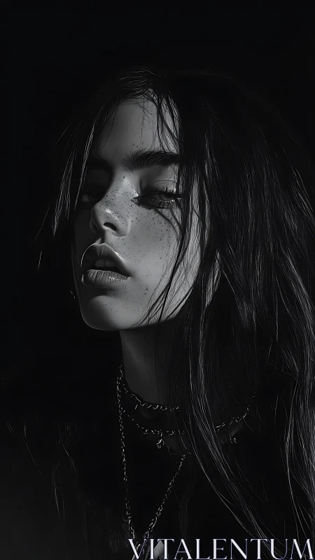 Dark monochrome portrait captures a freckled girl in quiet resolve