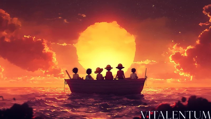 Anime friends in small boat facing vivid ocean sunset.