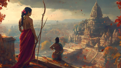 Regal warriors overlook sunlit temple metropolis in autumn.