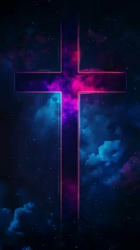 Neon cross glows against cosmic clouds and starry void.
