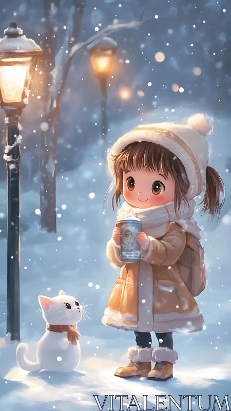 Digital painting of winter girl and cat under lamplight glow.