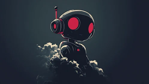 Stylized robot figure is rendered above dense cloud layer