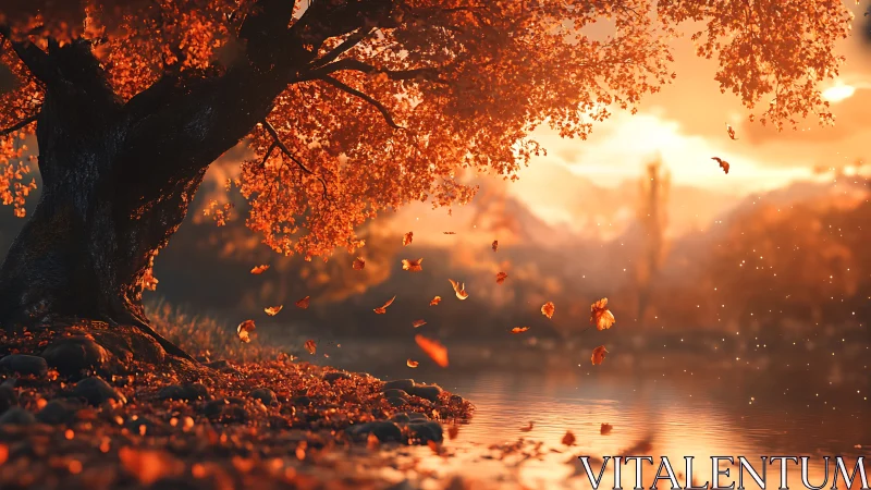 Backlit autumn tree with shallow depth and volumetric sunset haze