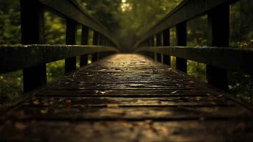 Inviting wooden forest bridge after gentle afternoon rain.