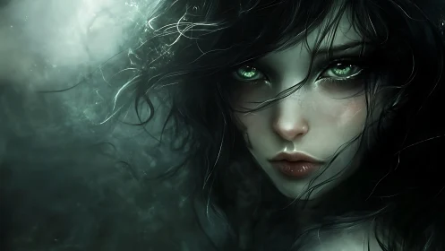 Digital portrait shows pale female face with luminous green eyes