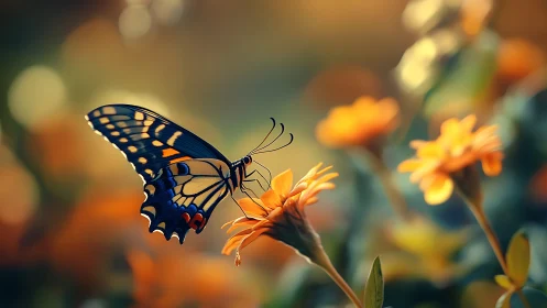 Butterfly rests on golden blossom in dreamy sunset garden