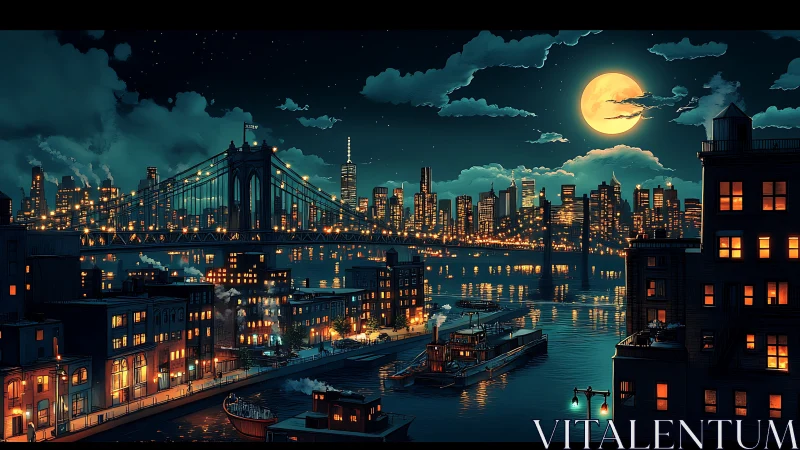 Moonlit bridge and riverfront boats in neon-kissed city hush.