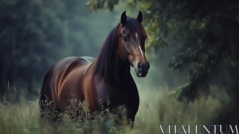 Brown horse stands alert in misty green forest clearing.