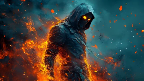 Flaming hooded warrior strides through swirling sparks of fire