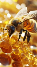 Honeybee rests on wax comb surface amid viscous honey