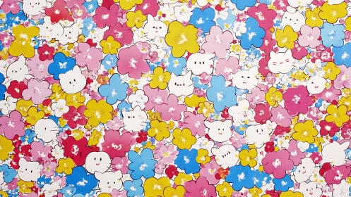 Kawaii cartoon cat faces scattered in bold floral pattern.