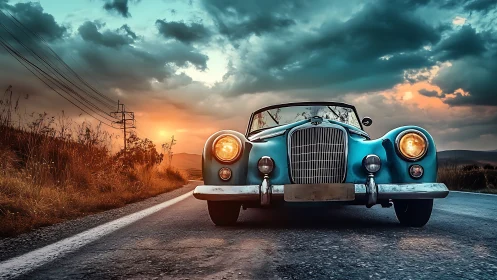 Classic teal roadster framed by dramatic sunset highway.