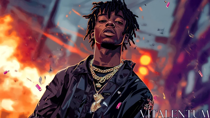 Stylized rapper portrait with gold chains and urban fire