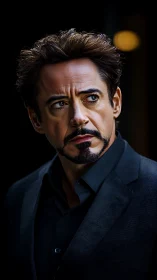 Man in dark suit looks sideways with intense expression