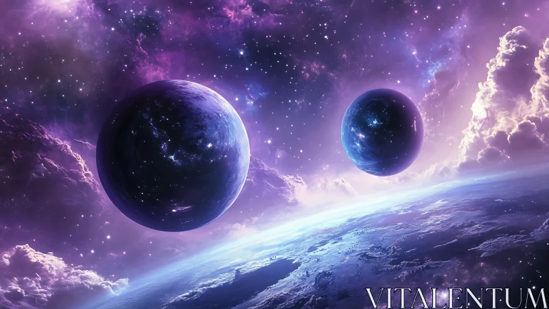 Twin cosmic spheres drift gently above a glowing alien world