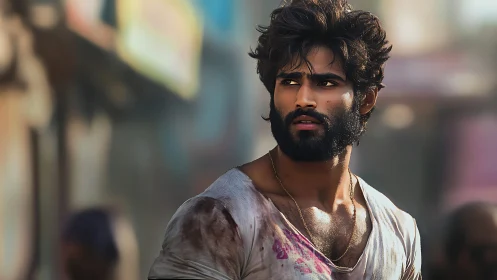 Bearded man in worn T-shirt on urban street, close-up view.
