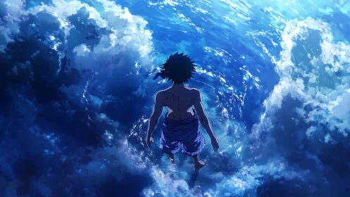 Solitary anime figure walks into a swirling blue ocean vortex.