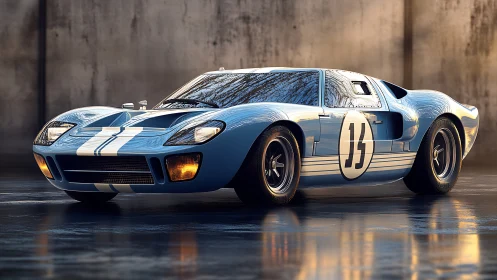 Low-angle render showcases a classic blue GT race car