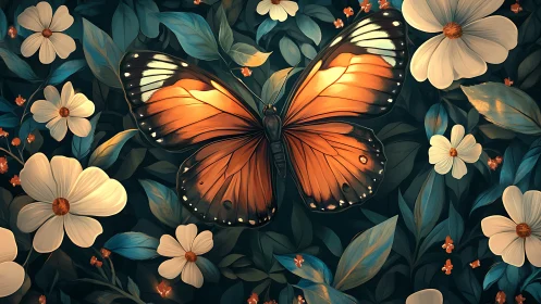 Glow of a gentle butterfly resting in a midnight garden.