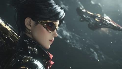 Cybernetic pilot portrait in deep space with tactical visor