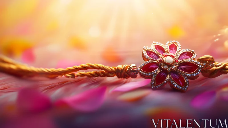 Sunlit floral rakhi glimmering among soft petal hues.
