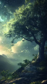 Moonlit mountain tree crowns luminous starlit valley