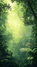 Tropical rainforest canopy with diffused sunlight and understory vegetation.