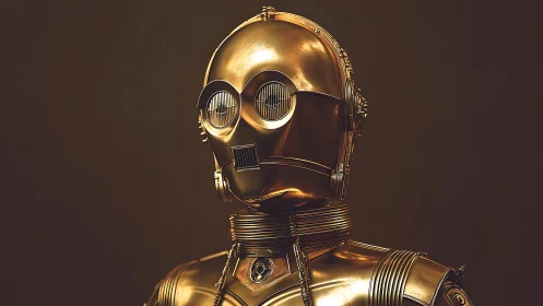 Specularly lit gold protocol robot portrait, frontal view.